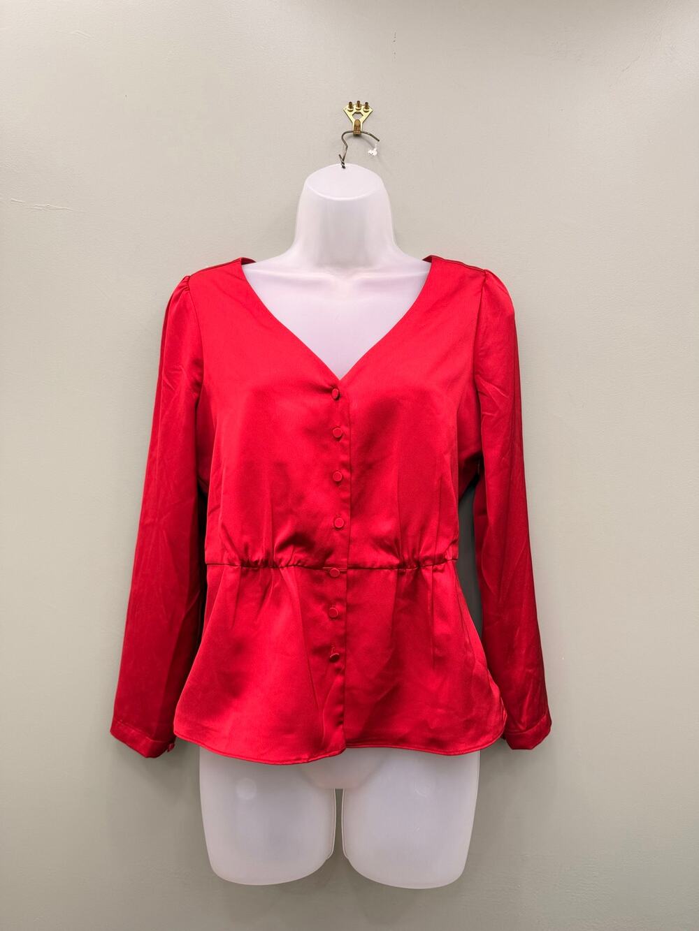 J.Crew Satin Crepe Peplum Blouse 2 Red Button Front V Neck Holiday Party